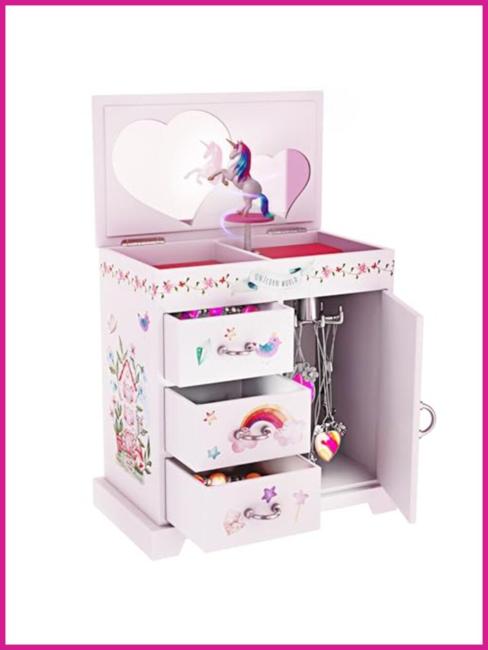 Unicorn Musical Jewelry Box Girls Gift Spinning Unicorn Heart Mirror 3 Drawers